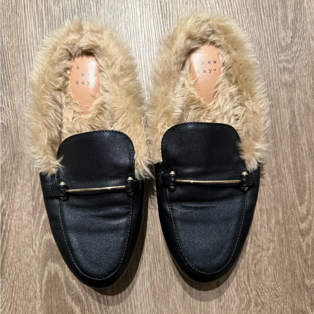 “a new day” Black Faux Fur Lined Mules